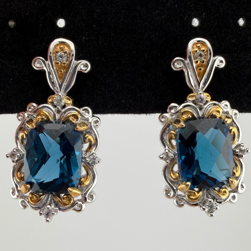 NH Michael Valitutti London Blue Topaz Earrings 925 Silver Gold Ornate Drop